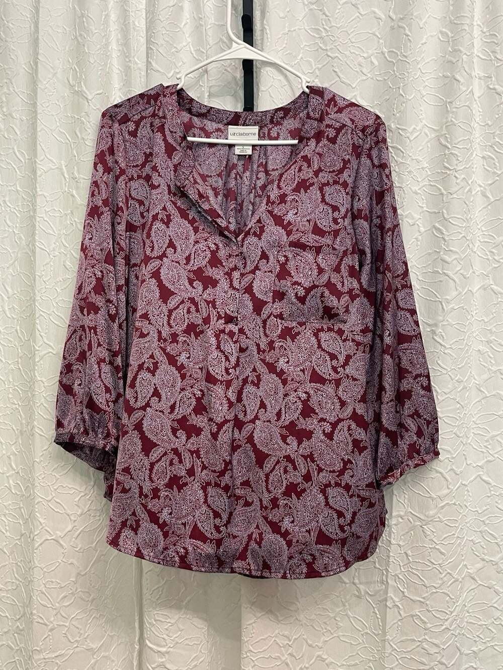 Liz Claiborne Maroon Paisley V Neck Blouse Large L 3/4 Sleeve Top Pocket